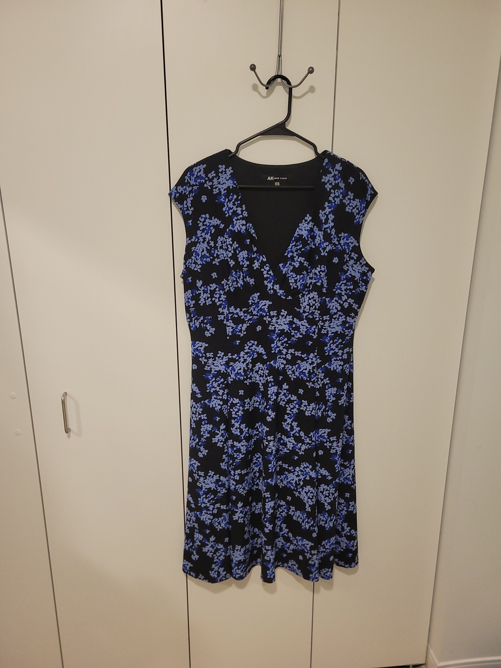 Anne Klein Black with Blue Floral Wrap-Style Midi Dress